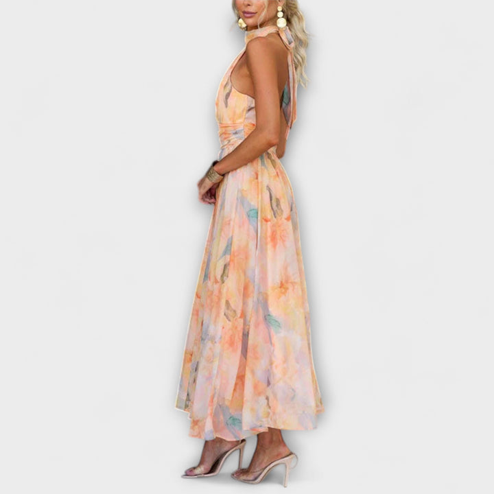 Hillary | Halter-neck Watercolor Print Maxi Dress